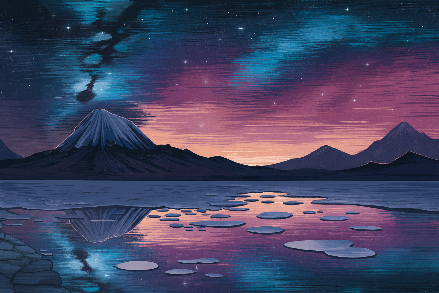 Dreamy twilight landscape with mountains and starry sky